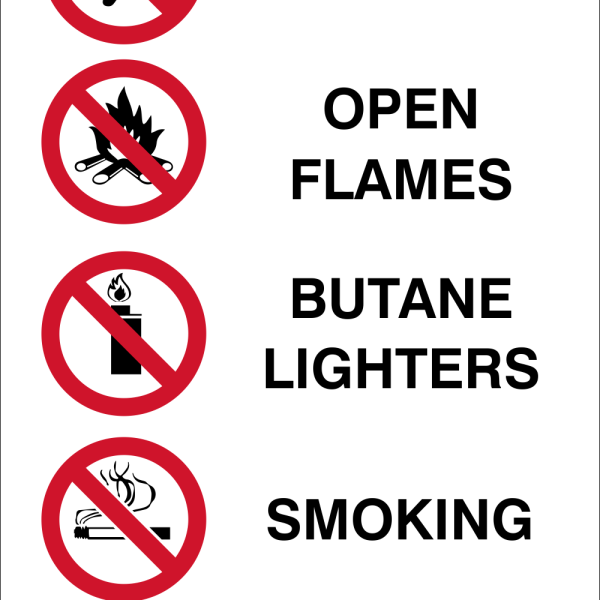 Matches, open flames, Butane Lighters or smoking is prohibited safety sign (P29)