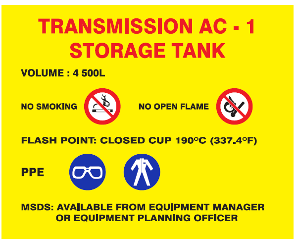 Transmission AC-1 Storage Tank safety sticker (MI36)